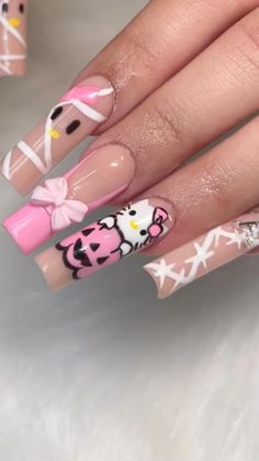 Pink Spider Web French Tip Nails, Acrylic Nails Pumpkin Design, How To Do Hello Kitty Nails, Cute Halloween Nails Hello Kitty, Nail Idea Halloween, Fall Nails Hello Kitty, Hello Kitty Nail Designs Short, Gel Polish Nail Designs On Natural Nails Halloween, Painted Hello Kitty Nails