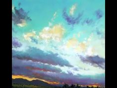 a painting of the sky and clouds over a field