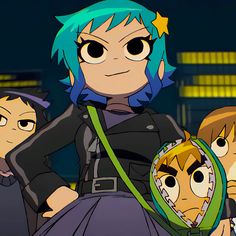 an anime character with blue hair standing next to two other characters