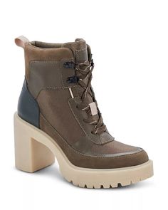 Dolce Vita Collin Lace Up Bootie in Olive Nylon sold at harbour thread Boot Fits, Burlington Vt, Lug Sole, Women Lace, Lace Up Boots, Recycled Cotton, Vermont, Bootie, Block Heels