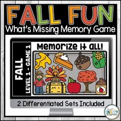 the fall fun memory game for kids to play with their parents and grandparents, includes two differentiated sets included