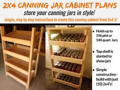 two wooden shelves with canned jars on top and below the shelf are labeled canning jar cabinet plans