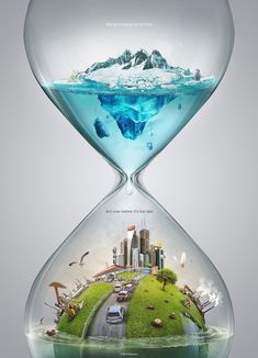 an hourglass filled with water and lots of different things on it's sides