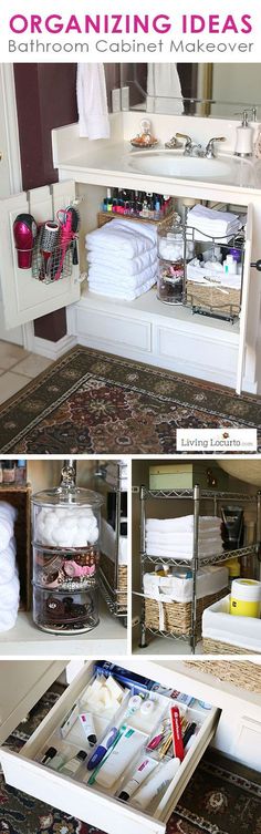 an organized bathroom cabinet is shown with drawers and towels in the bottom, below it