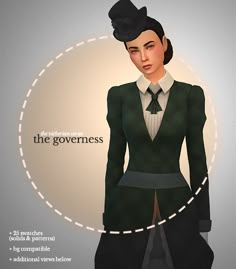 a woman in a suit and tie with the words the government on her chest, standing against a circular background