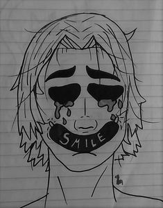 a drawing of a man with the word smile painted on his face in black and white