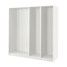 a white closet with three shelves and no doors