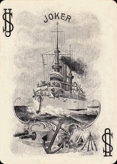 a playing card with an image of a boat in the water and dollar signs on it