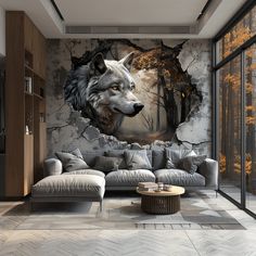 a living room filled with furniture and a wolf painting on the wall above it's head