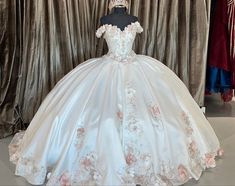 Quince Wedding Dress, White Wuince Dresses, Off White Quinceanera Dresses, White With Pink Quinceanera Dresses, Silk Quinceanera Dresses, Quinceanera Dresses White With Flowers, Quince Dress With Flowers