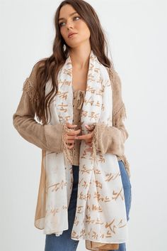 This beige shawl scarf boasts a fun hangul design, perfect for adding a touch of Korean style to your wardrobe. It's non-stretchy, see through, unlined, and oh-so stylish - a must-have for anyone wanting to up their cool factor. Don't miss out on this trendy addition to your lifestyle! 🖤 Item Features: Beige, hangul Korean languages print shawl scarf, non-stretchy, see through, unlined, stylish, cool, must-have, trendy, lifestyle. Trendy Lifestyle, Long Shawl, Shawl Scarf, Korean Language, Wholesale Clothing, Scarf Shawl, Must Haves, Shawl, Korean Fashion