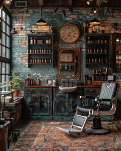 an old fashioned barber shop with a large clock on the wall and lots of bottles