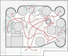 a drawing of a floor plan with circles and lines on the ground, along with arrows pointing in different directions