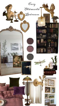 a collage of various items including a mirror, bookshelf and pictures