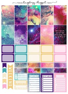 the space planner sticker kit is shown in purple, blue and pink colors with stars