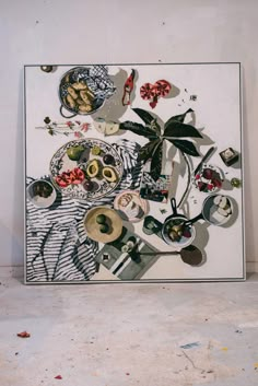 an art work with plates and bowls on the table in front of it's white background