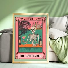 a poster with a skeleton sitting in front of a couch