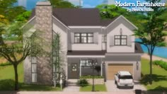 a rendering of a modern farmhouse house with a car parked in the driveway and trees around it