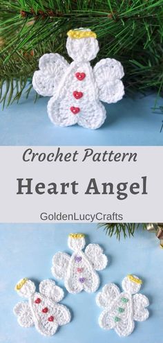 crochet angel ornament with text overlay that reads, crochet pattern heart angel