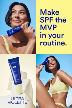 the advertisement for ultra violet is shown in three different pictures, including a woman applying sunscreen on her face