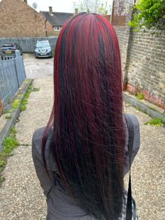 Long Red And Black Hair, Types Of Dyed Hair Styles, Red And Black Skunk Hair, Red Highlights In Dark Brown Hair, Cherry Red And Black Hair, Red On Top Black On Bottom Hair, Red N Black Hair, Red Hair With Black Ends, Red Hair Black Highlights