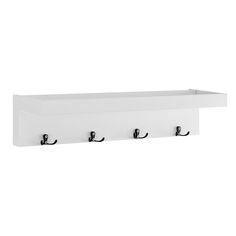 a white shelf with three hooks on it