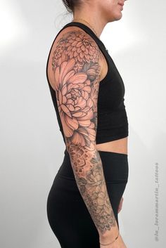 Shows an arm with fresh black linework tattoo of dahlias and dotwork mandalas. With black line details and shading. Mandala On Hip Tattoo, Tattoo Filler Ideas For Women Flower, Floral Dot Work Tattoo, Women Tattoos Aesthetic, Floral And Mandala Tattoo Sleeve, Woman Half Sleeve Tattoo, Unique Sleeve Tattoos For Women, Fineline Tattoo Sleeve, Mandala Sleeve Tattoo