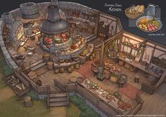 an artistic rendering of a kitchen in the shape of a medieval castle with food on it