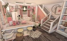 Bloxburg 2 Bedroom House, Bloxburg Blush Kitchen Ideas, Blush House Layout, Pretty Bloxburg Houses, Blush House Exterior, Cute Kitchen Bloxburg, Blush Kitchen Bloxburg, Bloxburg Kawaii House, Colorful Bloxburg House