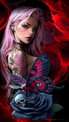 a woman with pink hair and tattoos holding a butterfly on her shoulder, in front of a red rose