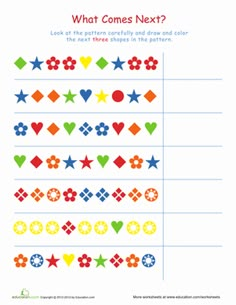 what comes next? worksheet for children to learn shapes and numbers with pictures