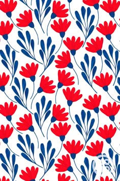 Red and blue flowers and leaves handpainted with gouache on white background. Red Pattern Wallpaper, Gouache Pattern, Wedding Illustration Card, Saree Painting Designs, Blue Flower Wallpaper, Tile Design Pattern, Flowers Painted, Cerámica Ideas, Traditional Japanese Art