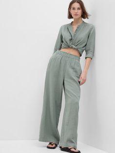 Crinkle Gauze Wide-Leg Pants | Gap Lounge Wear Set, Chambray Top, Cotton Trousers, Wide Leg Pant, Cotton Pyjamas, Casual Trousers, Spring Summer Outfits, Pajamas Women