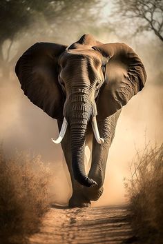 an elephant walking down a dirt road with trees in the background and dust on the ground