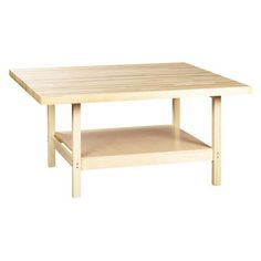 a wooden table with two shelves on each side