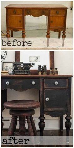 an old fashioned desk with a vintage typewriter on top and a stool underneath it