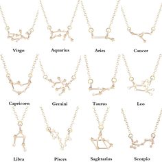 zodiac necklaces with names on them and symbols in the middle one is for libra, aquarius, capriccium, taurus, leo