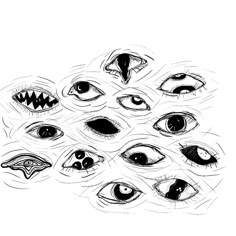 an image of many different eyes drawn in black and white ink on paper by hand