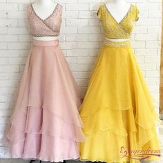 V-Neck Two Piece Layered Yellow Prom Dress · Sugerdress · Online Store Powered by Storenvy Yellow Prom Dress, Best Formal Dresses, Yellow Prom, Indian Outfits Lehenga, Lehenga Designs Simple, Lehnga Dress, Gaun Fashion, Prom Dresses Yellow, Long Gown Dress