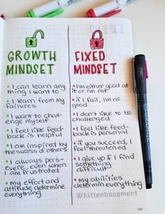 a notebook with some writing on it next to a pen and two markers that say growth minds