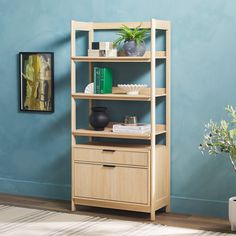 a wooden shelf with two drawers in front of a blue wall and a potted plant