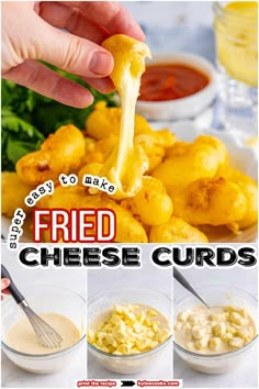 the steps to make fried cheese curls are shown in three different pictures, including one being dipped