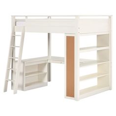 a white loft bed with a desk and bookcase underneath the top bunk is open