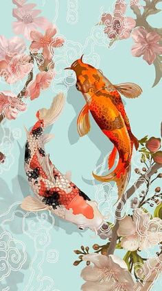 two koi fish swimming next to each other on a blue background with flowers and leaves