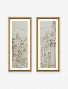 two framed art pieces on a wall next to each other, one with a cityscape