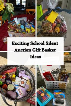 an assortment of gift baskets with the words exciting school silent auction gift basket ideas on them