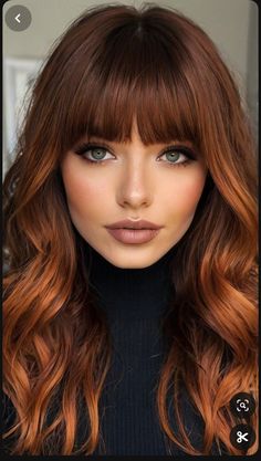 Medium Length Haircut Copper, Fall Hair Color With Bangs, Makeup Looks For Copper Hair, Dark Copper Hair With Bangs, Dark Copper And Blonde Hair, Red Medium Hair, Dark Red Hair With Bangs, Long Red Hair With Bangs, Dark Copper Red Hair Color