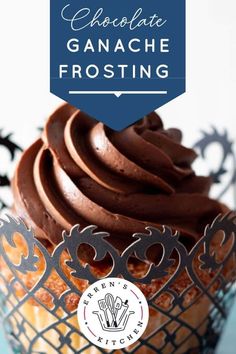 chocolate ganache frosting on top of a cupcake with the title overlay