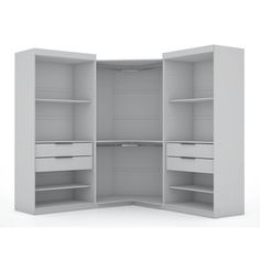 an open white closet with drawers and shelves