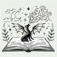 an open book with a dragon sitting on top of it and stars in the sky above